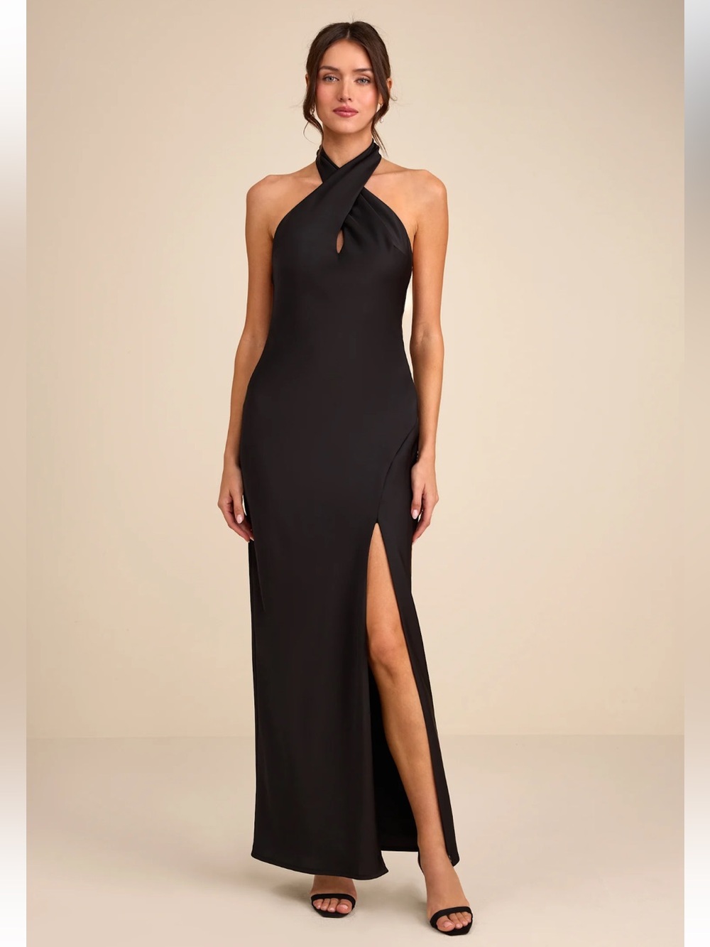NWT Lulus Daney Black Satin Cross-Front Halter Maxi Dress FLAW